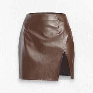 Lulus Dark Brown Vegan Leather Split Hem Walking the Walk Mini Skirt Size Small
